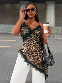 SHEIN SXY Plus Size Summer Brown Leopard Print Camisole Top,Classy Lace Trim Asymmetric Hem Office Siren,Night Out Club Party Animal Print Outing Fashion - Multicolor - View 1