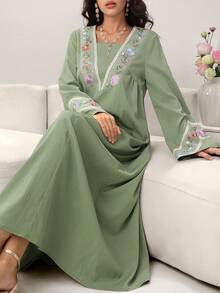 Yasmyna Colorful Embroidered Floral Trim Patchwork Solid Green Long Cardigan - Green - View 6