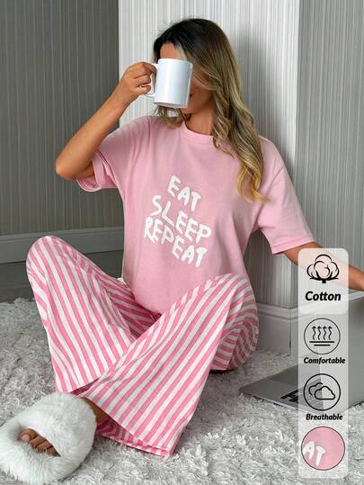 EURMUSE Damen "Essen, Schlafen, Wiederholen" bedrucktes T-Shirt und gestreifte Schlupfhose Pyjama Set, süß, rosa
