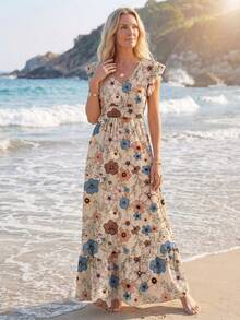 Sylviya Vintage Floral Print Shirred A-Line Long Dress With Cap Sleeves And Hem, Casual Vacation Elegant Dress For Women, Suitable For Spring And Summer Summer Dresses For Women Suitable For Going Out Chic Dress,Vacation - Multicolor - View 3