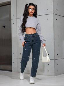 SHEIN PETITE Women's Casual Everyday Rhinestone Embellished Slant Pocket Tapered Leg Jeans - Dark Wash - View 5