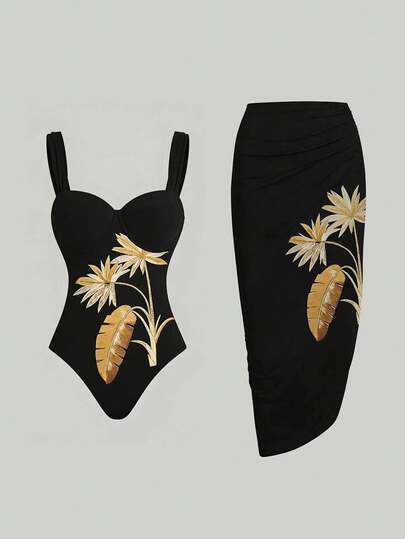 Swim Oasis Women's Vacation Plant Print One-Piece Swimsuit With Matching Cover-Up And Skirt Women's Casual Vacation Gold Leaf Black Print Spaghetti Strap Off Shoulder One Piece Swimsuit, Suitable For Swimming, Beach, Seaside,Beach Outfits For Women Skirt Swimsuit Set Two Piece Skirt Set Summer Modest 2 Piece Swimsuit Two Piece Set Women Skirt Bikini Skirt Set  Valentine's Day Carnival Party Casual Beach Vacation Outfits For Women Holiday