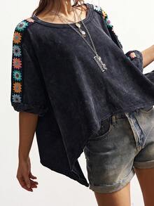 Bohemela Camiseta casual de mujer talla grande con bordado floral y cuello redondo - Negro - Ver 6