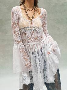 Bohemela 女士休闲纯色编织蕾丝长袖荷叶边迷你连衣裙 - 白色 - 查看 5