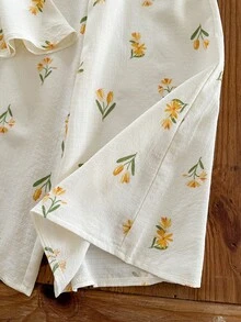 SHEIN LMoss Kids Young Girl Summer Casual French Elegant Vacation Style Ditsy Floral Peplum Top & Wide Leg Pants Set - White - View 6