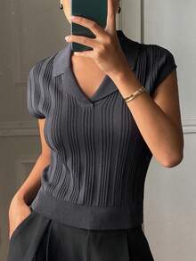 DAZY 女士纯色纹理条纹翻领修身休闲针织上衣，春秋季 - 灰色 - 查看 3