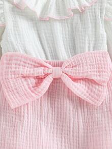 SHEIN Baby Girls' Pink Autumn Cute Matching Family Jumpsuit Double-Layer Ruffle Collar Long Sleeve Patchwork Bow Bodysuit With Detachable Headband Simple - Pink - View 6