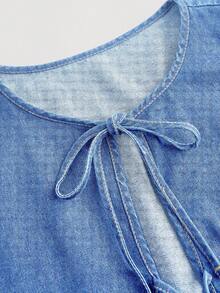 SHEIN MOD Plus Size Denim Jacket, Casual Loose Tie Bow Vest With Ruffle Hem, Blue - Medium Wash - View 3