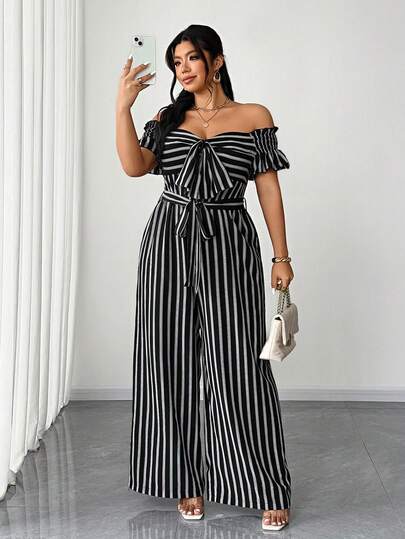 Elenzga Plus Size Striped Short Sleeve Elegant Commuter Versatile Romantic Jumpsuit