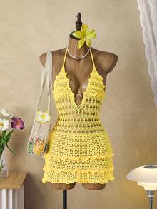 Swim Mod Áo hai dây nữ kiểu dáng trễ vai, thắt eo, có bèo nhún, thích hợp cho kỳ nghỉ biển. - Vàng nhạt - Xem 7