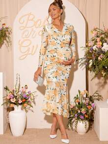 Loomaby 孕妇碎花V领长袖褶皱修身优雅连衣裙 - 彩色 - 查看 1