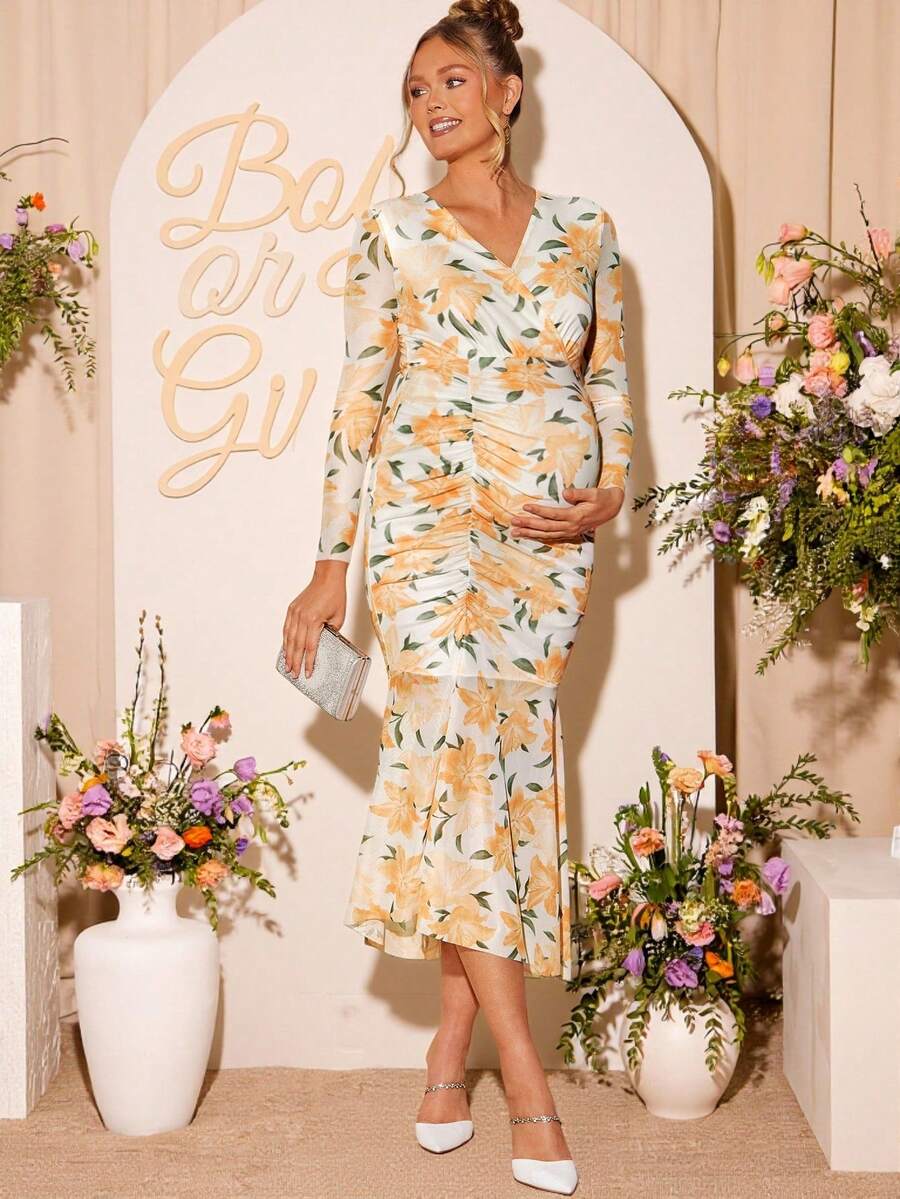 Loomaby 孕妇碎花V领长袖褶皱修身优雅连衣裙 - 彩色 - 查看 1