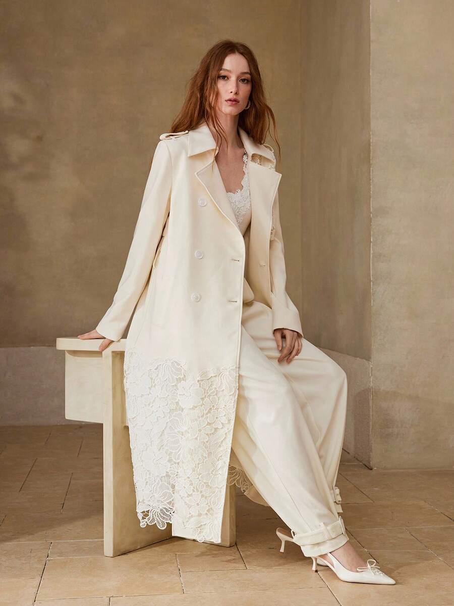 MOTF PREMIUM GUIPURE LACE PANEL DOUBLE BREASTED BELTED TRENCH COAT - Beige - View 1