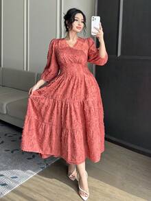 Dazy Plus 大码女士优雅V领提花镂空纹理灯笼袖修身长款派对连衣裙，粉色吊带裙 - 藕粉色 - 查看 6