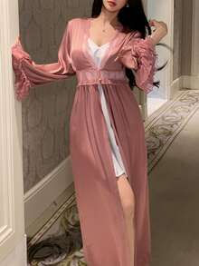 DAZY Charming Lace Patchwork Ruffle Hem Waist Cinched Long Women Robe - Pink - View 4