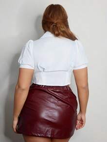 MelDlgn 大碼白色短袖襯衫配領帶，短身設計可收緊 - 白色 - 查看 2