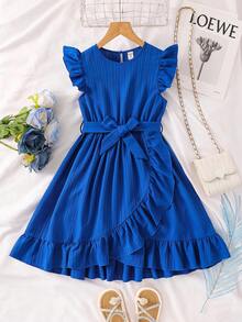 SHEIN Vestido de línea A con volantes en la cintura y estampado de mariposas en color azul claro, de uso casual y diario para niñas preadolescentes - Azul - Ver 4