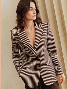 Anewsta Vintage Striped Print Lapel Long Sleeve Women's Blazer Jacket, Urban Chic - Brown - View 6