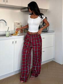 ZzzCrew 2pcs/Set Sexy Slim Fit Square Neck Button-Up Short Sleeve Top And Plaid Long Pants Pajama Set - Multicolor - View 1