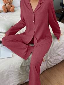 SHEIN 女士宽松舒适针织领长袖睡衣套装 - 紅色 - 查看 3