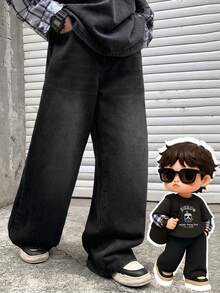 SHEIN Little Byeori Tween Boy Plain Slant Pocket Casual Versatile Wide Leg Jeans - Black - View 5