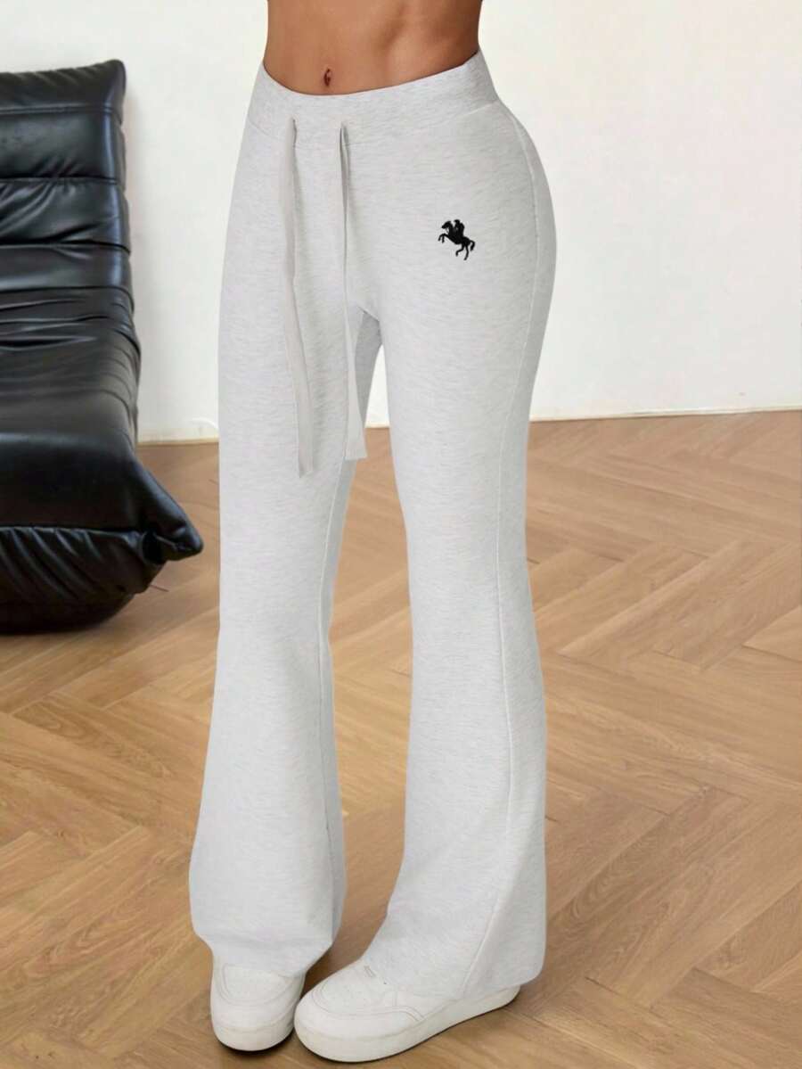 SHEIN Tall Quần nỉ nữ dáng rộng thoải mái, có dây rút, thêu họa tiết, thích hợp mặc mùa thu. - Xám - Xem 1
