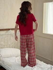 DAZY Tween Girl Letter Print Patch-Up Short Sleeve Top And Patch Pants Pajama Set - Burgundy - View 2