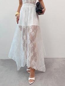 Firerie Chân váy nữ thanh lịch với eo chun, ren hoa, vạt bất đối xứng. - trắng - Xem 9