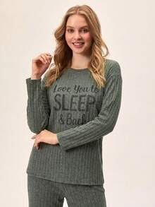 EURMUSE Love You To Sleep & Back Ribbed Pajama Set – Cozy Long Sleeve Loungewear For Sweet Dreams - Green - View 5