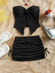SHEIN Conjunto de 2 piezas de top sin mangas y falda asimétrica holgada, informal y minimalista para niña preadolescente - Negro - Ver 4