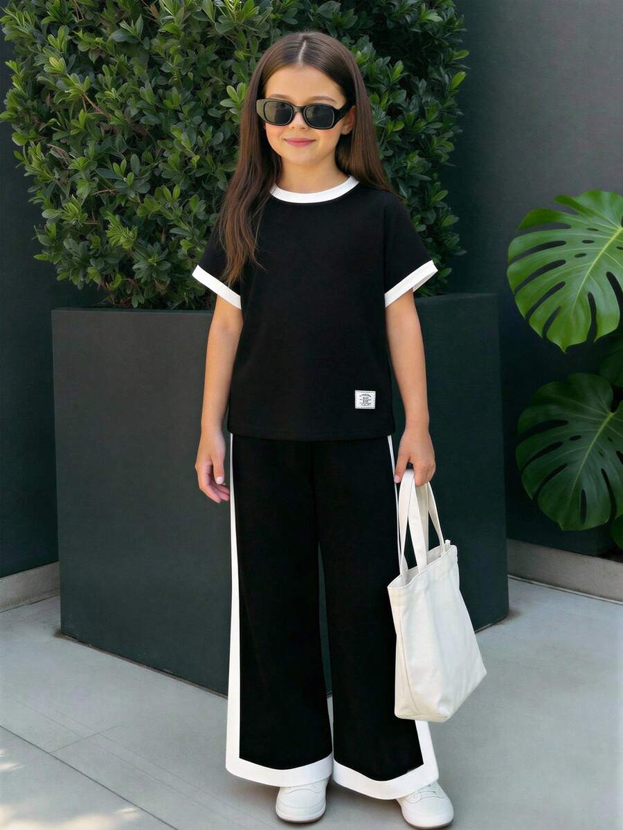 Tween Girls Casual All-Match Versatile Daily Wear Black & White Contrast Trim Round Neck Raglan Sleeve T-Shirt + Straight Leg Knit Pants Set - Black - View 1