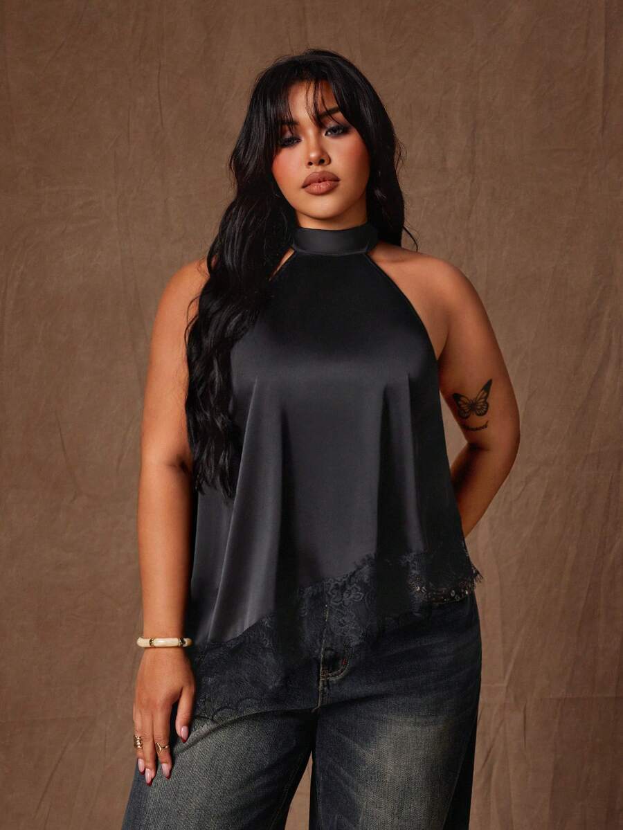 Rustia Plus Size Elegant Satin & Lace Patchwork Asymmetrical Blouse - Black - View 1