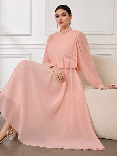 Modelyn فستان نسائي أنيق فاخر مزين بياقة منقوشة ومرصع بالراين ستون، قصة مناسبة وجذابة ذات تصميم رومانسي