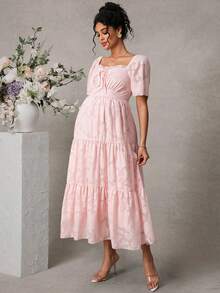 Momance Elegant Textured Square Neck Ruffle Hem Maternity Dress, Summer - Pink - View 4
