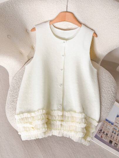 CosyJoli 大码女式纯色圆领单排扣休闲背心开衫