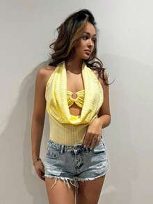 RebeccaVibe 独立日女款 Y2K 奶油黄色纹理条纹夏季辣妹设计 Bralette 风格细肩带度假海滩紧身衣，舒适 - 黃色 - 查看 1