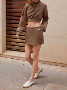 Maija Women's Brown All Season Versatile Modern Warm Raglan Sleeve Turtleneck Sweatshirt With Elastic Waist Skirt 2 Pieces Casual Set Hippie - Brown - View 1