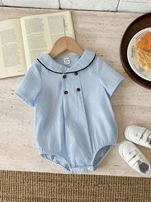 SHEIN Unisex Newborn Baby Boy/Girl Cute British Style Blue&White Striped Peter Pan Collar Short Sleeve Romper,Bodysuit,Spring/Summer Boy Summer Clothes - Blue - View 4