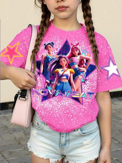 Tween Girls Spring And Summer Casual Fashionable Creative Personalized Refreshing High-End Minimalist Magenta Snowflake Base Cool Virtual Girl Group Colorful Pentagram Star Graphic Letter Slogan Print Relaxed Basic Short T-Shirt, Comfortable Daily Wear, Cozy Summer And Fall Styles Suitable For Spring, Summer, Autumn Seasons