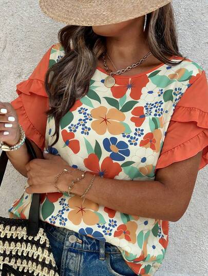 Weeklong Plus Size Women's Floral Print Contrast Trim Flare Sleeve Casual Vacation Shirt, Spring/Summer