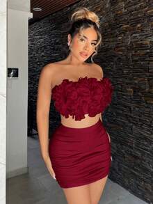 SHEIN SXY 2pcs Set: 3D Floral Trim Bandeau Top And Ruched Bodycon Mini Skirt Ruffle Top Set Skirt Two Piece Set - Red - View 3