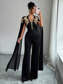 Elenzga Women's V-Neck Applique Cape Design Fashionable Jumpsuit Wide Leg Pants For Party