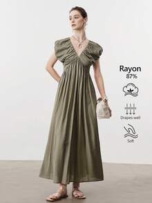 Aalyst Đầm nữ cổ chữ V bằng vải lanh thắt nút tre đơn, cổ áo có lớp lót, đường viền cổ xếp ly, nơ buộc chống tuột, tay áo phồng, dáng chữ A, chân váy xòe rộng, phong cách lãng mạn cổ điển Pháp thanh lịch, thích hợp cho công sở, thường ngày, đi biển, dự tiệc, mùa xuân/hè. - xanh xám - Xem 5