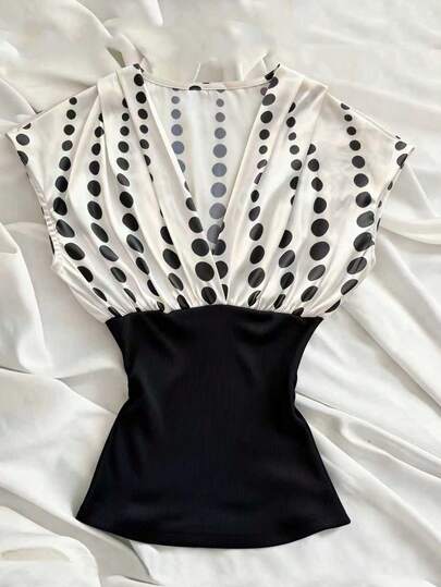 Glimmora Women's Casual Colorblock Polka Dot Print Blouse, Summer