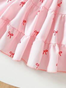 SHEIN 2-Piece Baby Girl Casual Cute Bow Pattern Dress And Single-Breasted Denim Vest Set - Multicolor - View 6