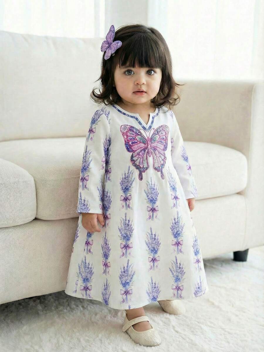 Halat de rugăciune violet Ahlam, rochie cu mânecă lungă, imprimeu cu funde, rochie arabă tradițională lejeră, casual, cu decolteu în V, pentru fetițe, potrivită pentru primăvară și vară, rochie elegantă cu mânecă lungă, halat de rugăciune pentru fetițe, ușor și confortabil, ținută casual, halat demn Abaya pentru fetițe, Jalabiya - Multicolor - Vizualizare 1