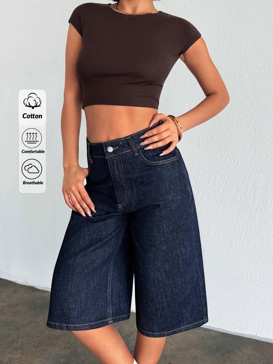 EURMUSE Raw Washed, High Rise, Baggy V Shape Denim Short Jeans Y2k - Dark Wash - View 1