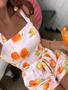 Selianne Áo liền quần hai dây màu hồng nhạt in họa tiết trái cây cam, cỡ tiêu chuẩn, thích hợp cho kỳ nghỉ xuân/hè. - Nhiều màu - Xem 1