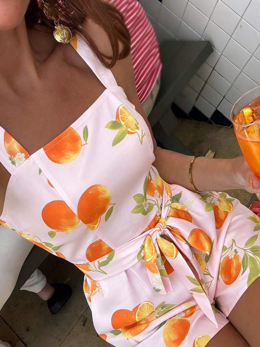 Selianne Áo liền quần hai dây màu hồng nhạt in họa tiết trái cây cam, cỡ tiêu chuẩn, thích hợp cho kỳ nghỉ xuân/hè. - Nhiều màu - Xem 1