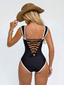 Shapewave 女士黑白海星印花连体泳衣，聚拢提臀，收腹提臀，交叉露背设计，适合海滩度假派对 - 黑與白 - 查看 6